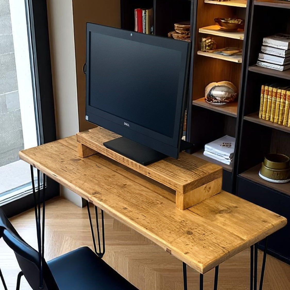 Reclaimed Wood Monitor Stand – Rustic Desk Shelf Riser with Storage | Handmade in the UK