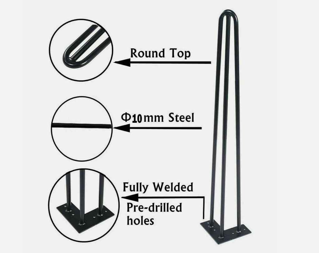 Diagram of a metal stand with specifications on round top, steel diameter, and welding details.