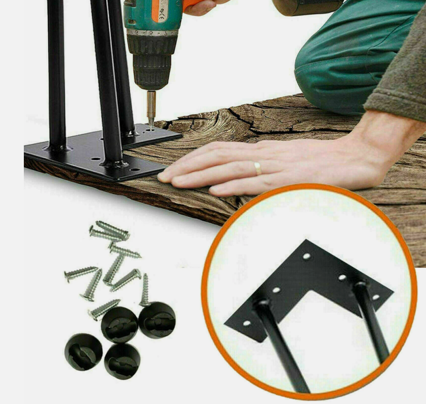 Person assembling furniture with a drill and metal brackets, including screws.