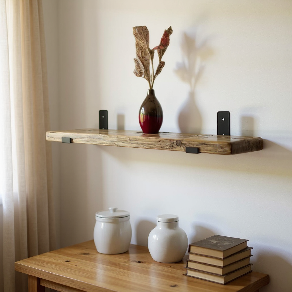 Wooden shelf with decorative items against a white wall