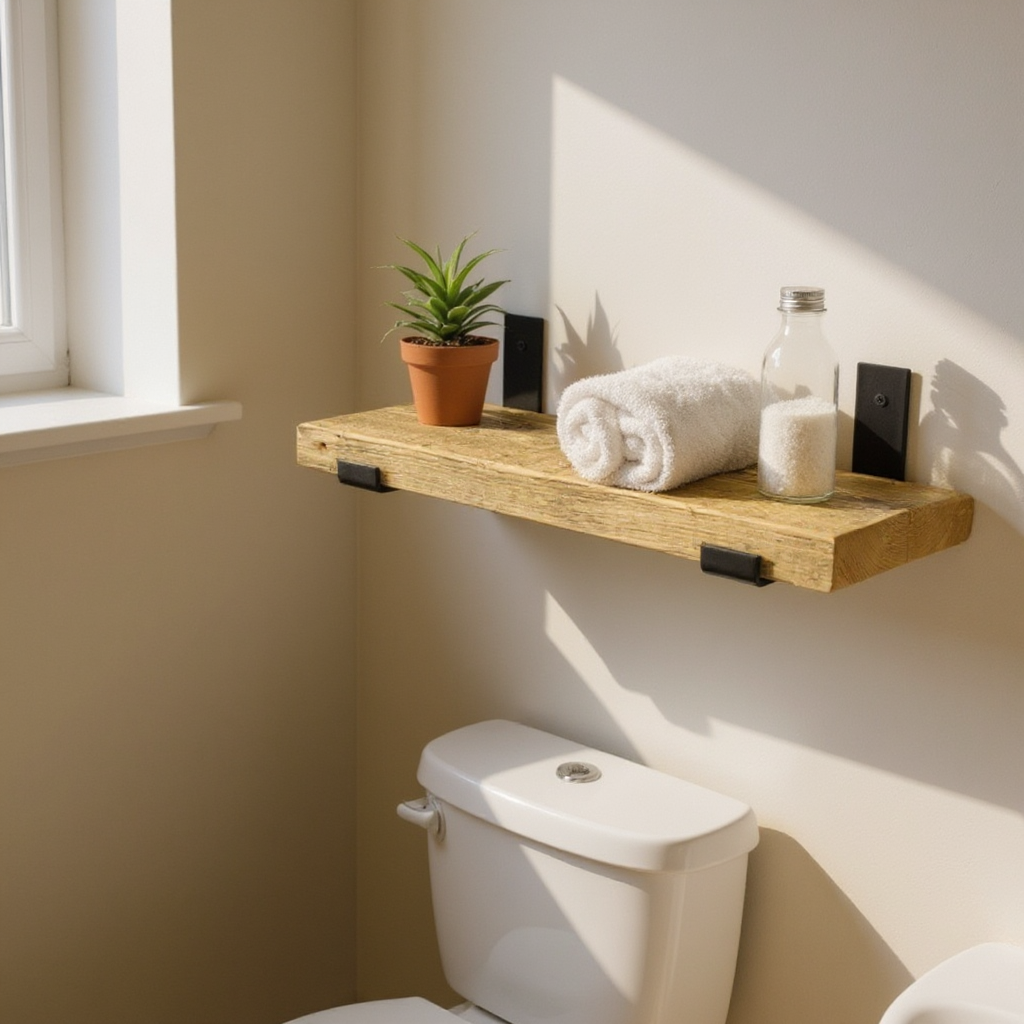 Wooden shelf above a toilet with a plant, towels, and other items in a bathroom setting.