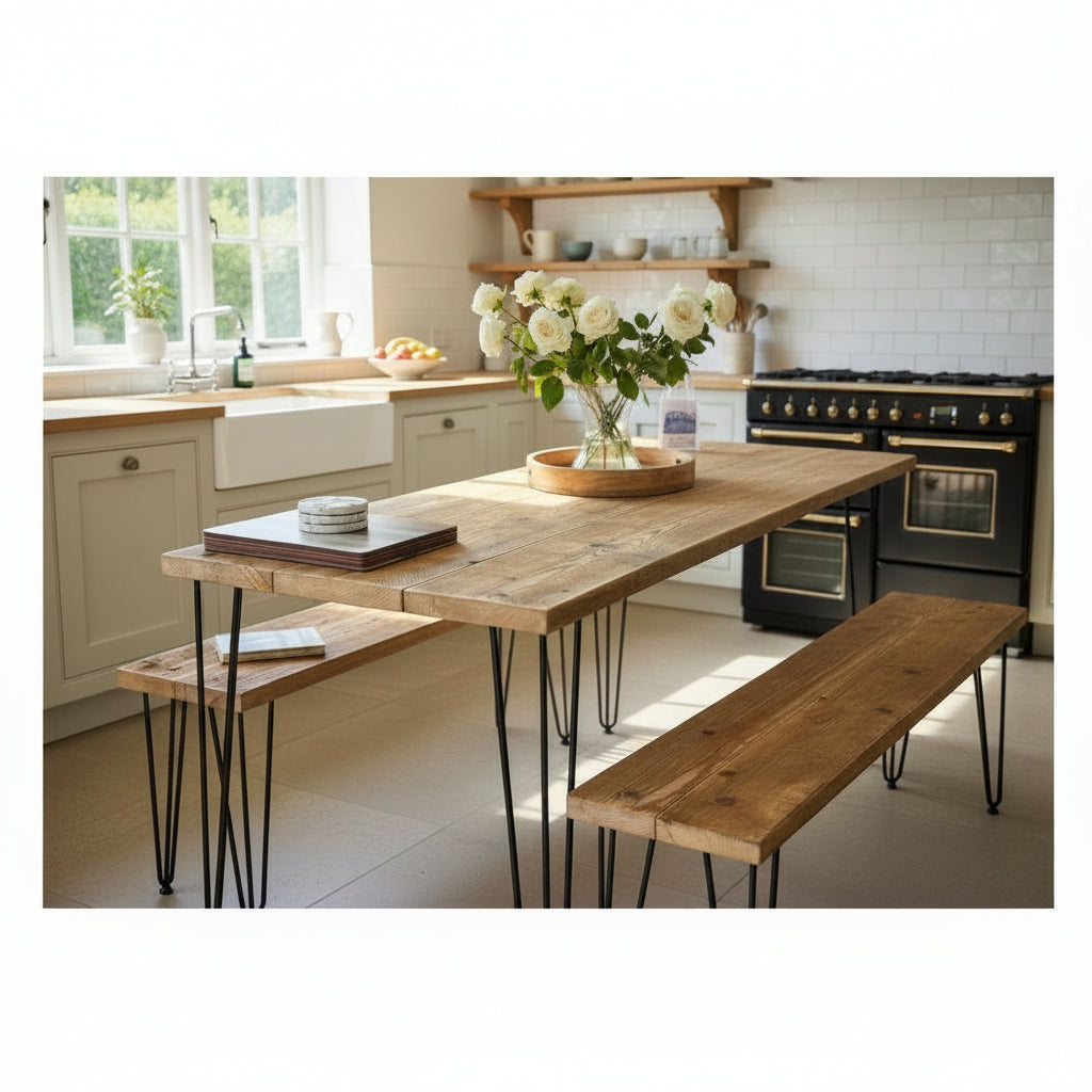 Reclaimed Wood Dining Table UK - Farmhouse Kitchen Table with Hairpin Legs | Custom Sizes