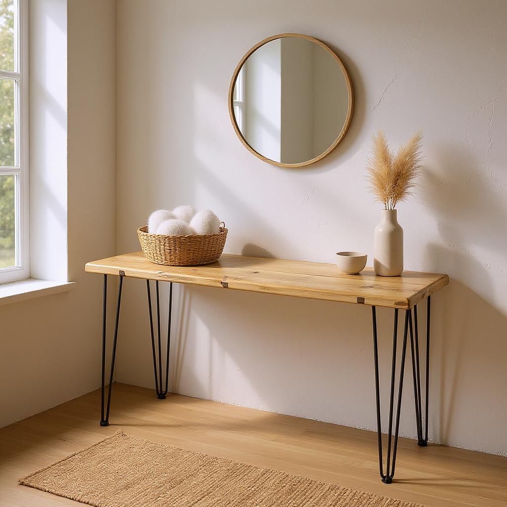 Rustic reclaimed wood console table with black hairpin legs in minimalist hallway, handmade sustainable furniture for entryway decor
