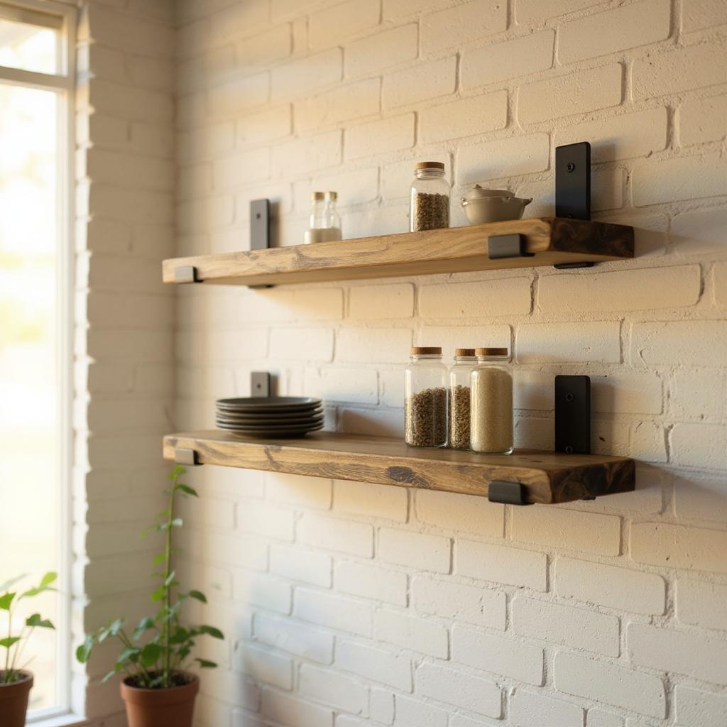 Wooden shelves against a white brick wall with decorative items.