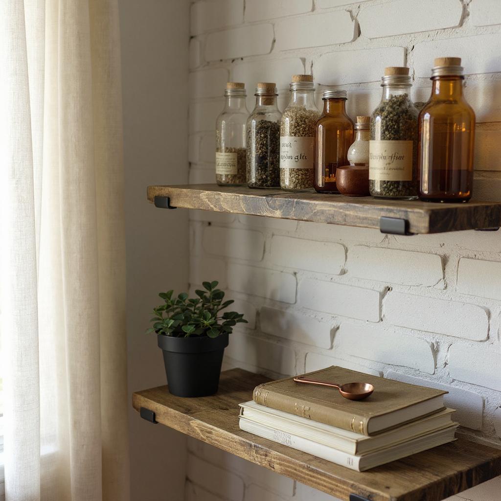 Wooden shelves with jars, books, and a plant against a white brick wall.