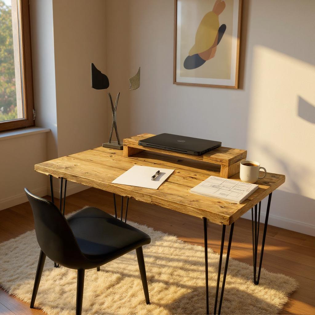 Rustic reclaimed wood study desk with black metal legs