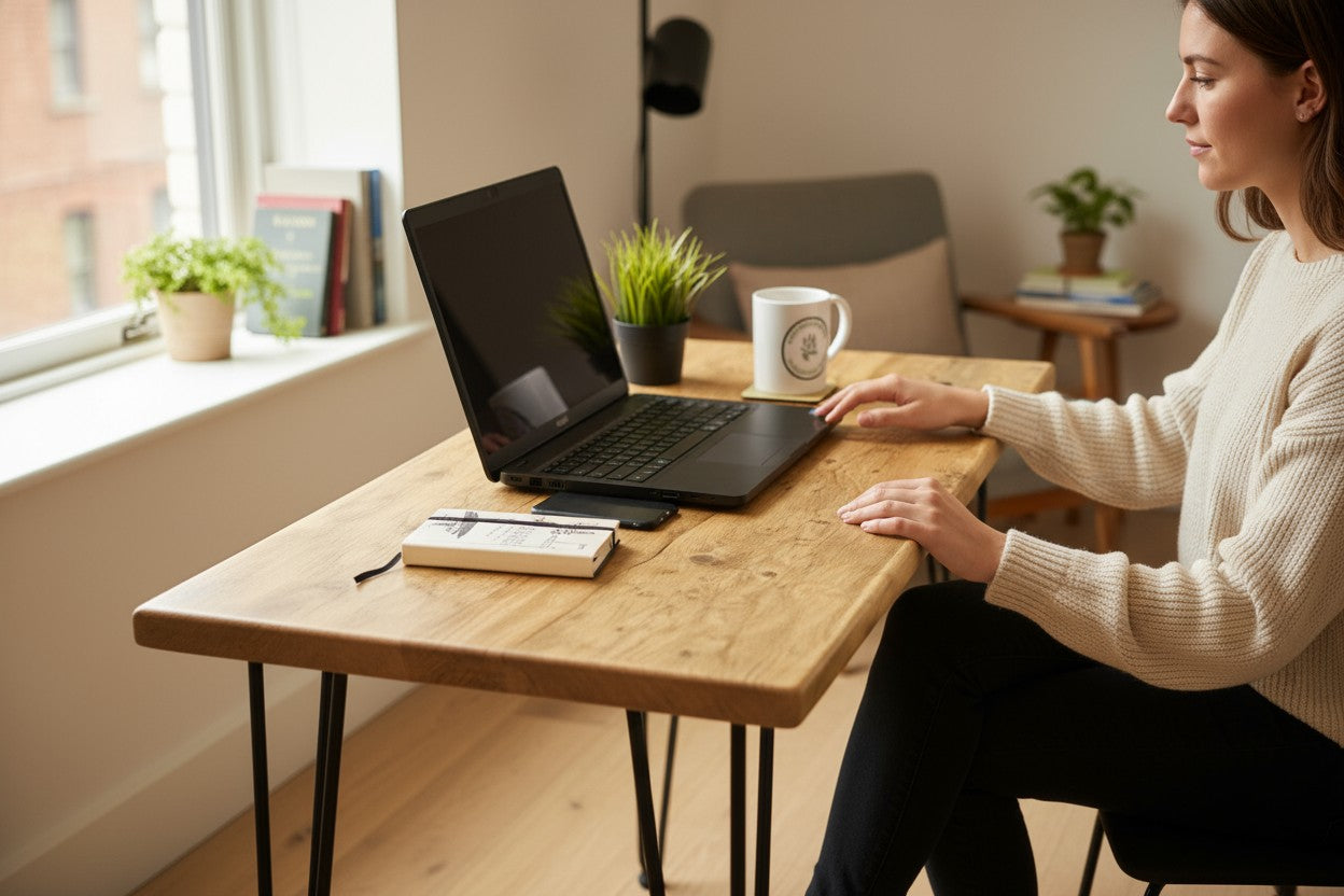 Real Wood Industrial Home Office Desk | Hairpin Legs | UK Made