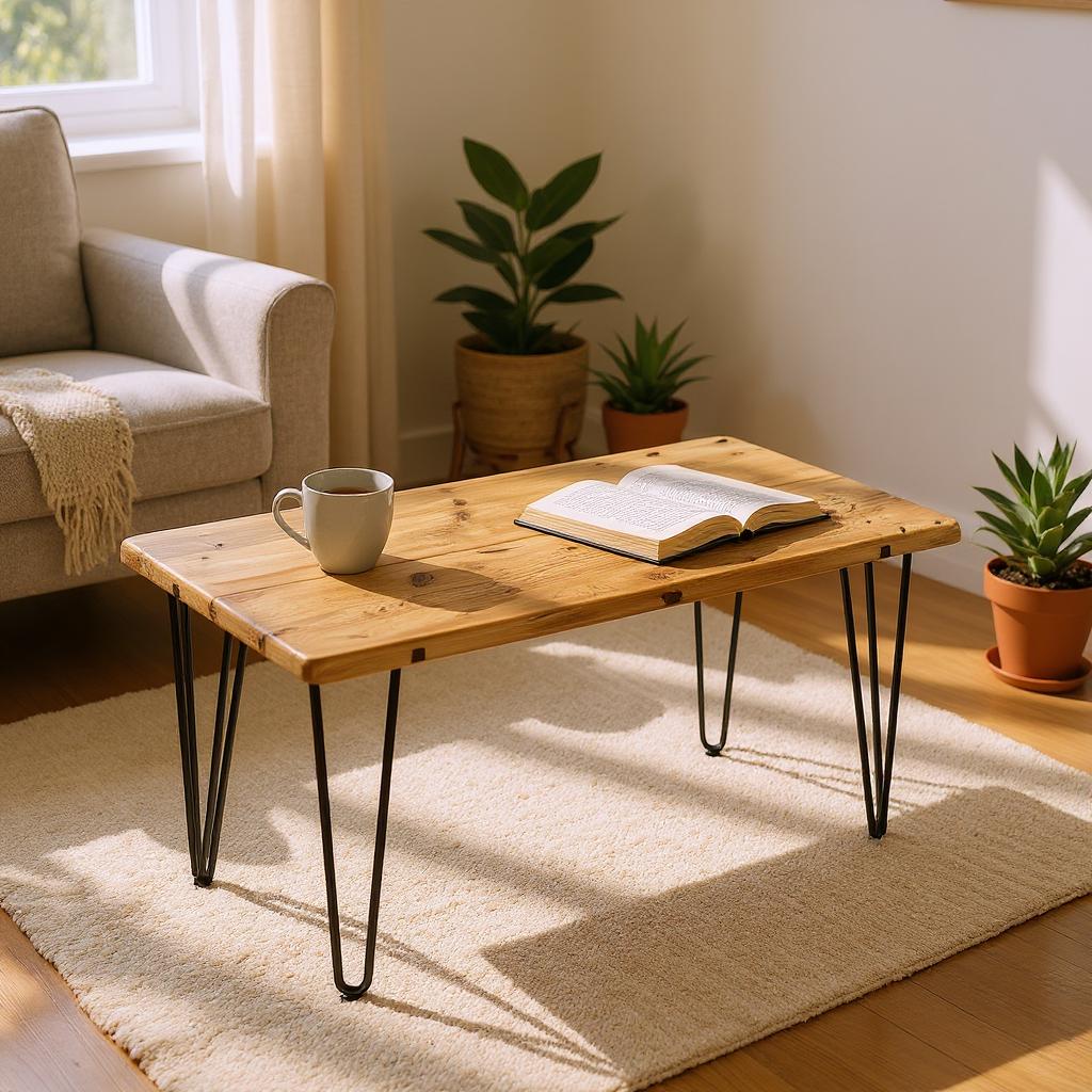 Rustic pine coffee table with black hairpin legs