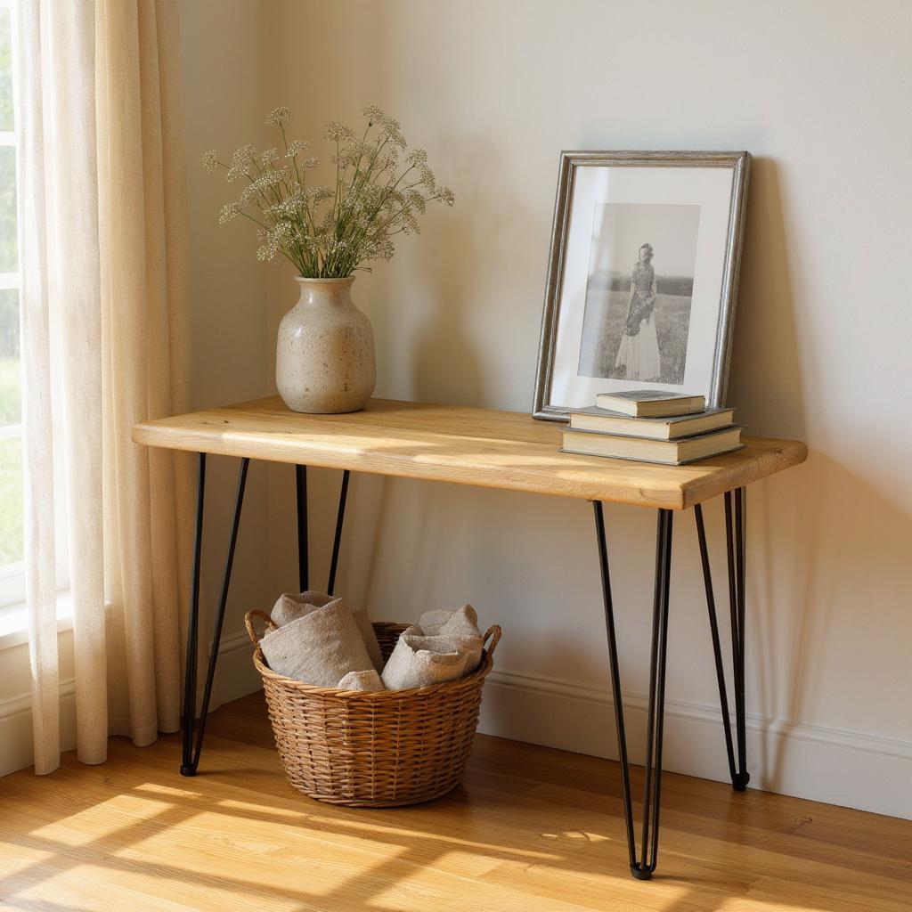 Wooden console table with a vase, books, and a basket against a neutral wall.