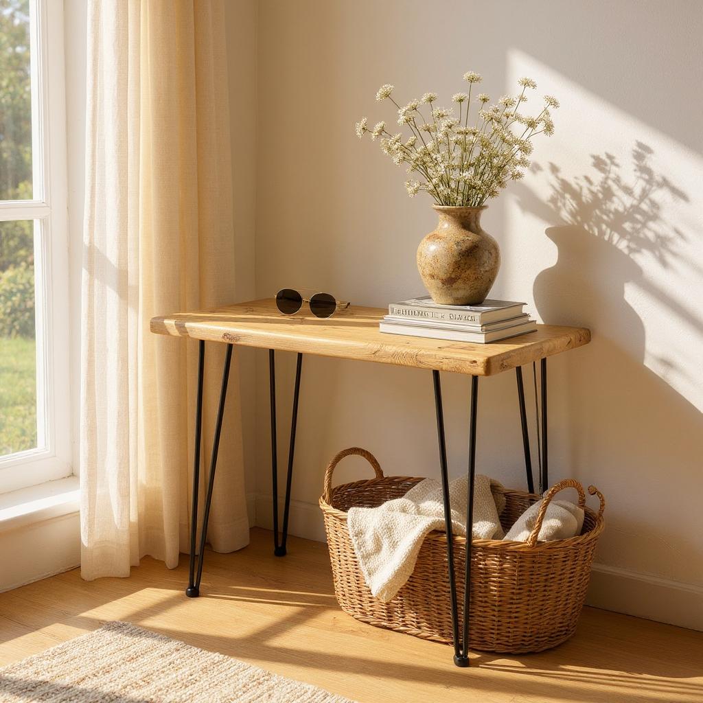 Wooden table with a vase of flowers and books next to a wicker basket on a sunlit floor.