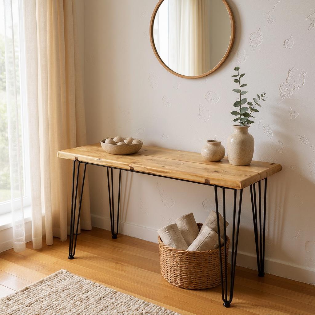 Eco-friendly reclaimed wood console table, premium wax finish with hairpin legs, sustainable handmade furniture for hallway or living room
