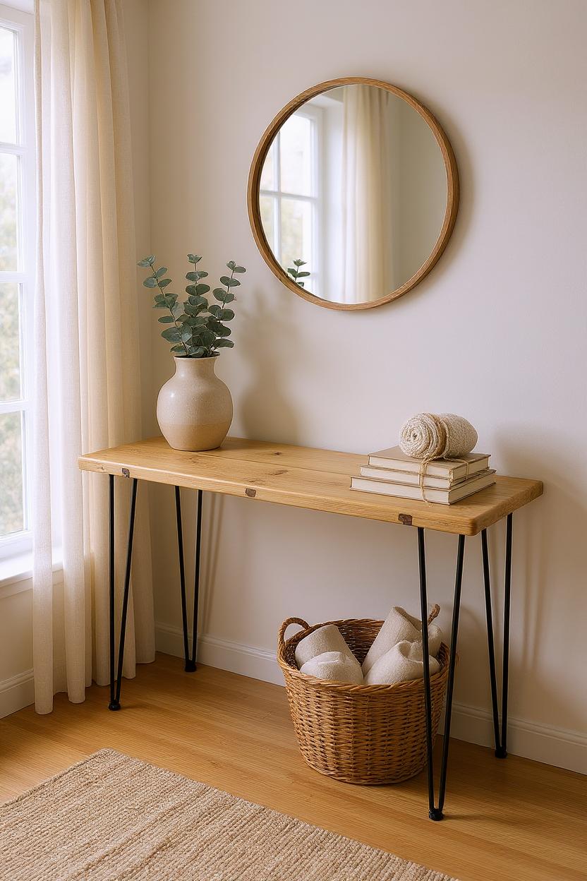 Rustic reclaimed timber console table with black steel hairpin legs, sustainable handmade furniture for entryway or hallway styling