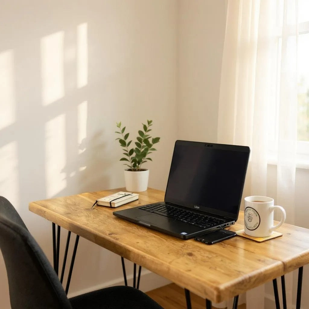 Home office setup with a laptop, mug, notebook, and plant on a wooden desk.