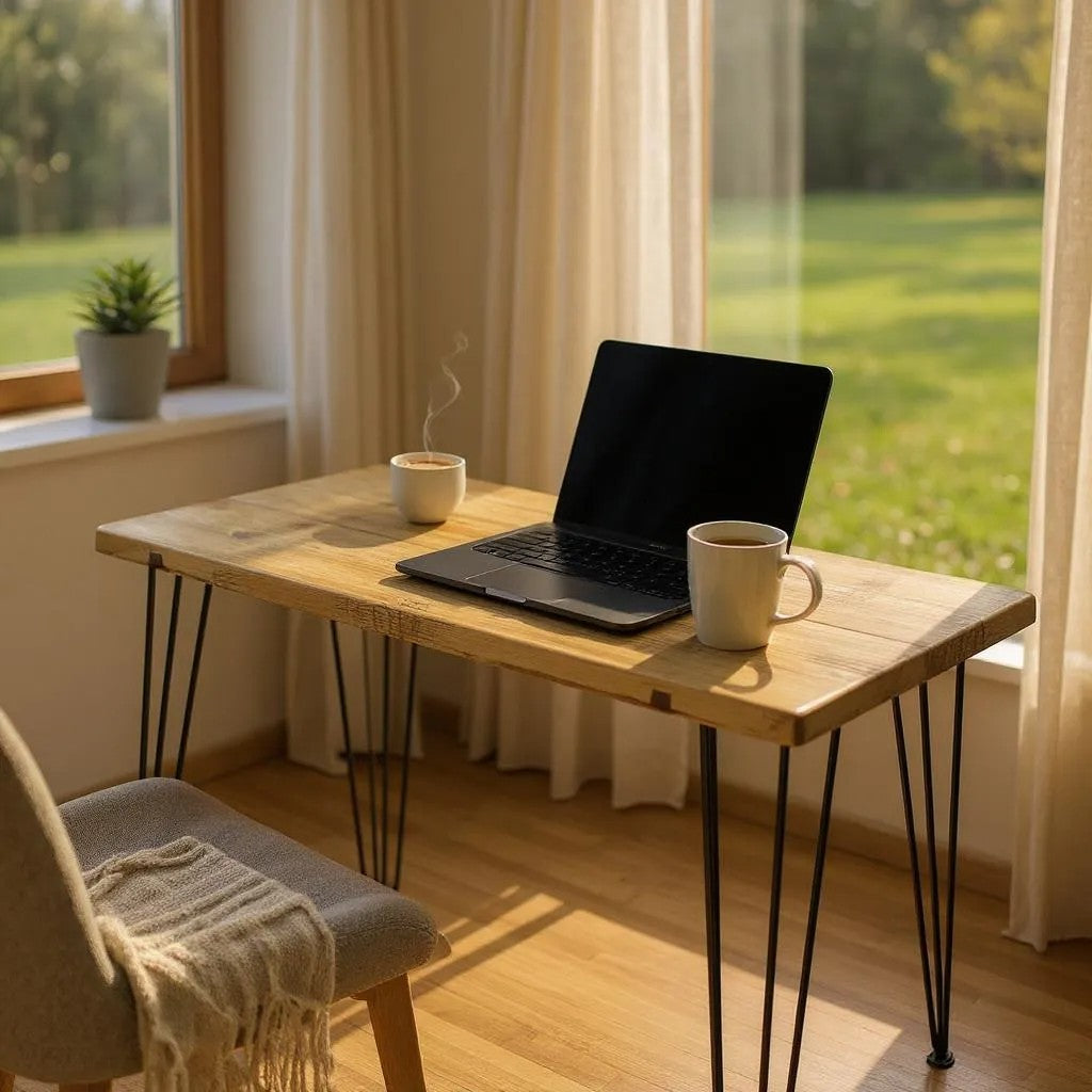 Rustic reclaimed wood desk with solid metal legs