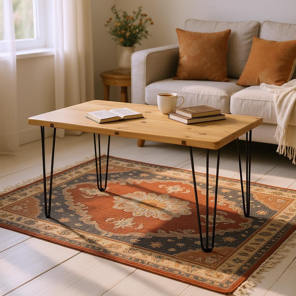 Reclaimed wood coffee table with metal hairpin legs