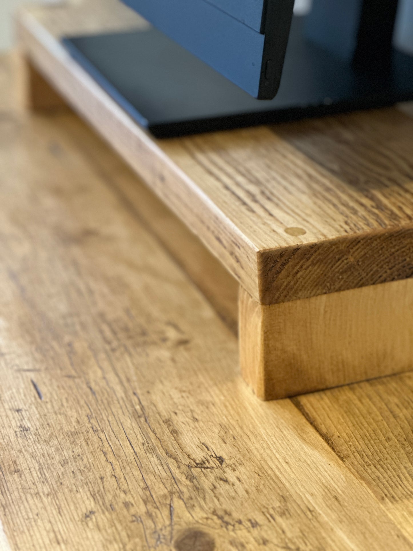 Handcrafted reclaimed timber monitor riser for home office, rustic industrial style with storage space