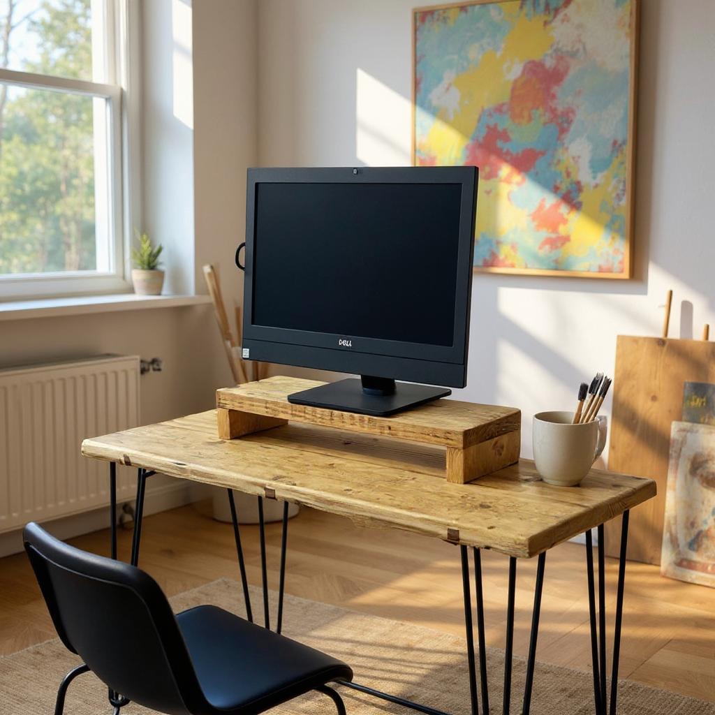 Rustic solid wood monitor stand for computer screen, ergonomic design for comfortable workspace