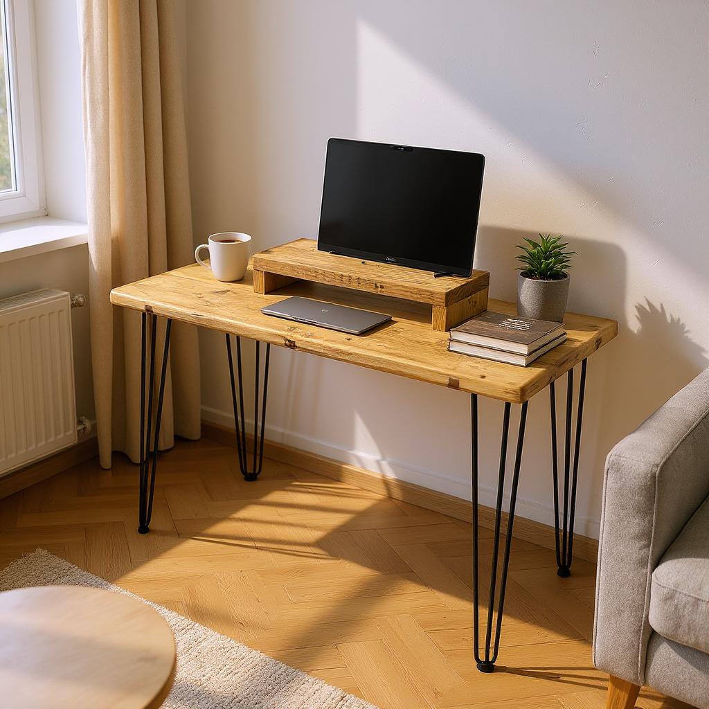 Handmade reclaimed wood monitor riser with natural finish, rustic desk accessory for UK home offices