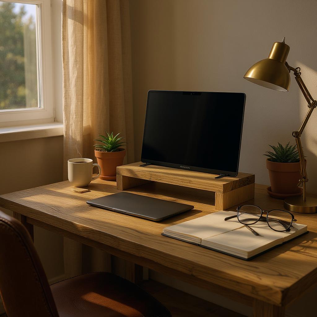 Wooden desk with laptop, notebook, glasses, and lamp in a cozy room.