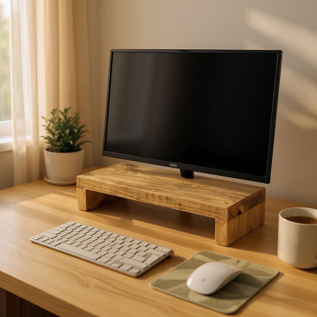 Wooden monitor stand with computer setup on a desk with a plant and cup in the background.