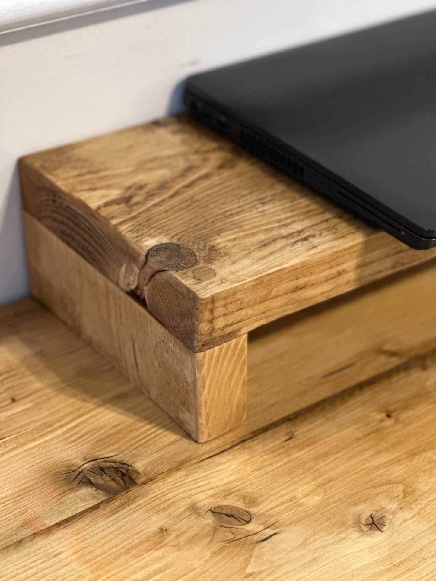 Industrial-style reclaimed timber monitor stand, sustainable handcrafted desk riser with character