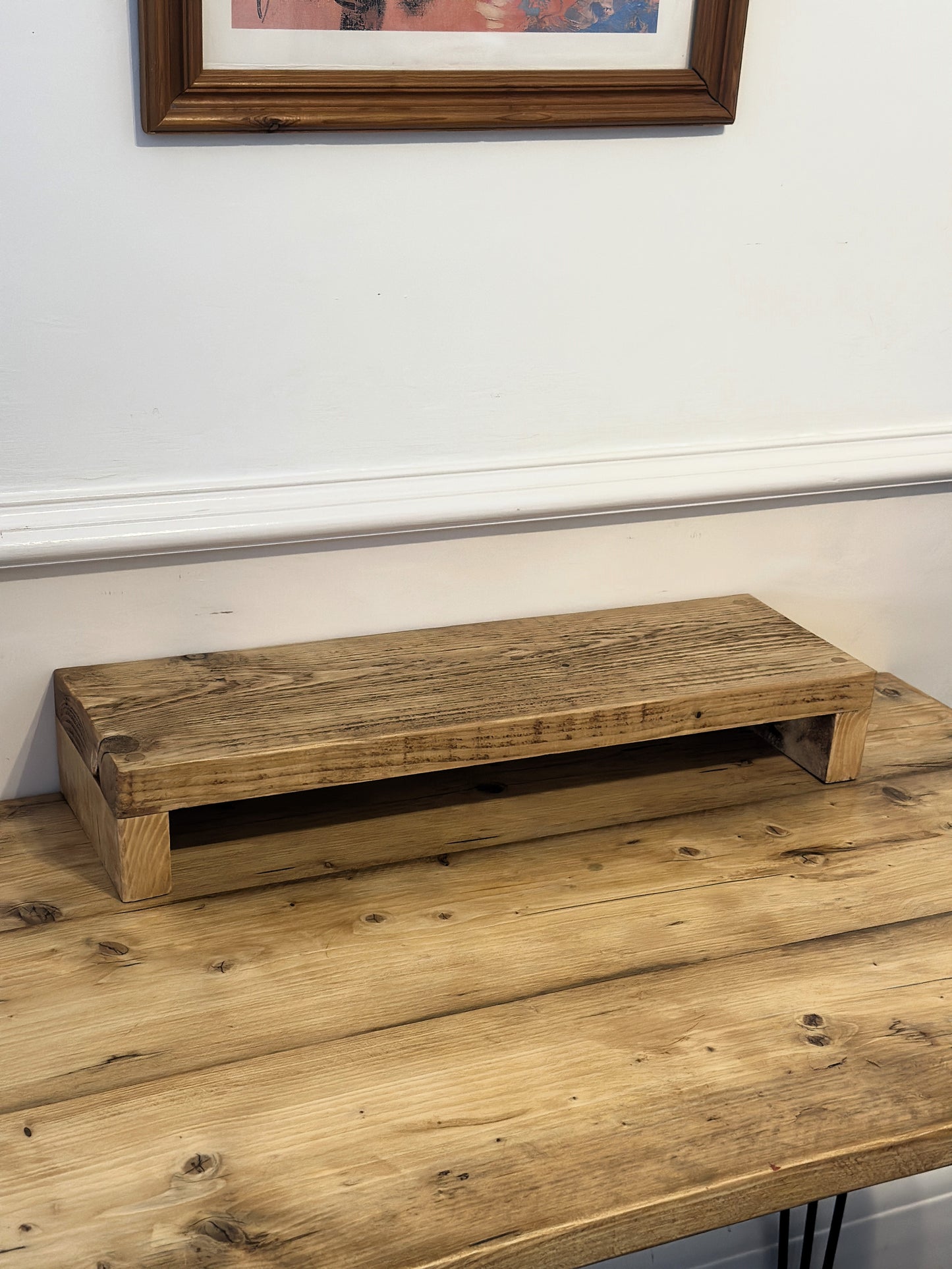 Rustic farmhouse reclaimed wood monitor stand, UK handmade ergonomic monitor riser with storage