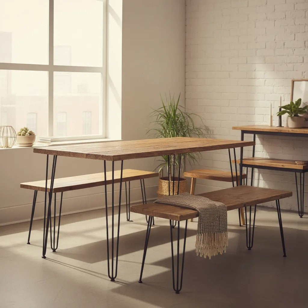 Rustic reclaimed wood dining table and bench set with hairpin legs, handmade in the UK