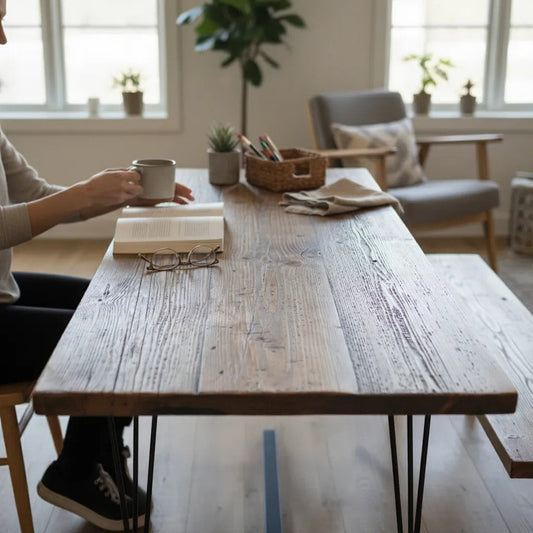 Rustic reclaimed wood dining table set with benches in UK home