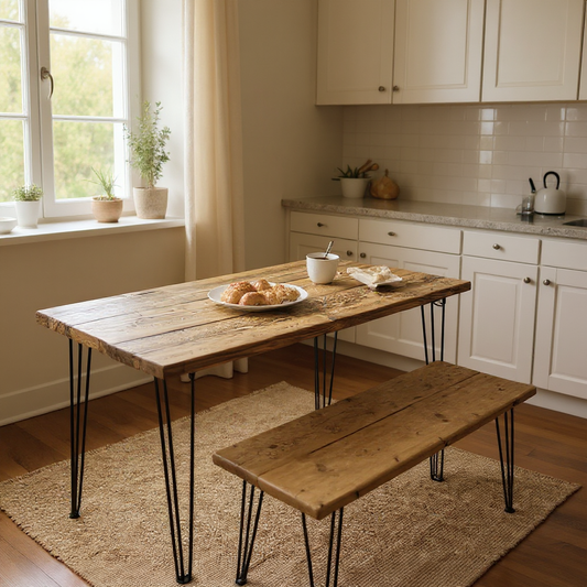 Rustic reclaimed wood dining table set with benches in a UK dining room