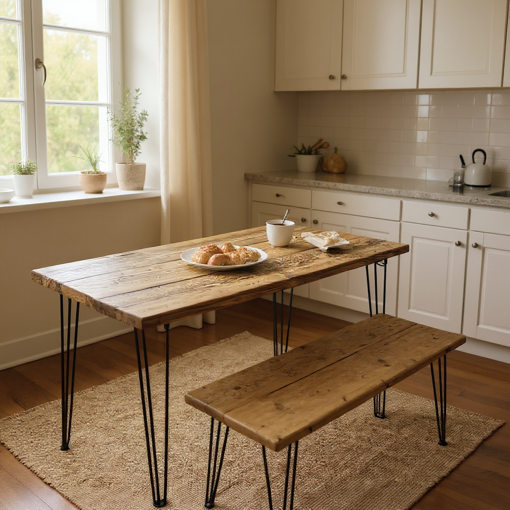 Rustic reclaimed wood dining table set with benches in UK dining room