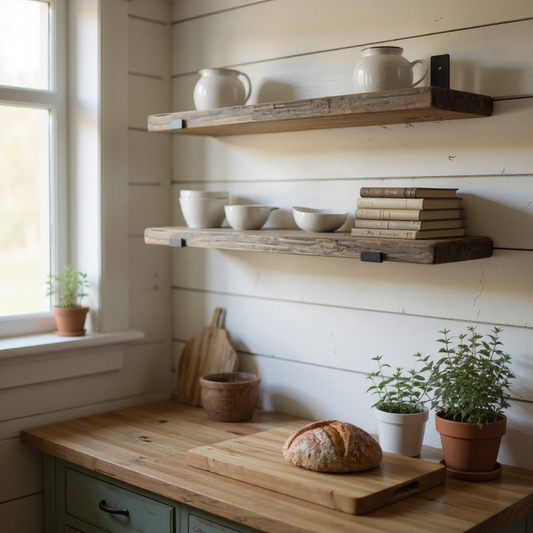 Reclaimed wood wall shelves mounted in a rustic kitchen with natural light