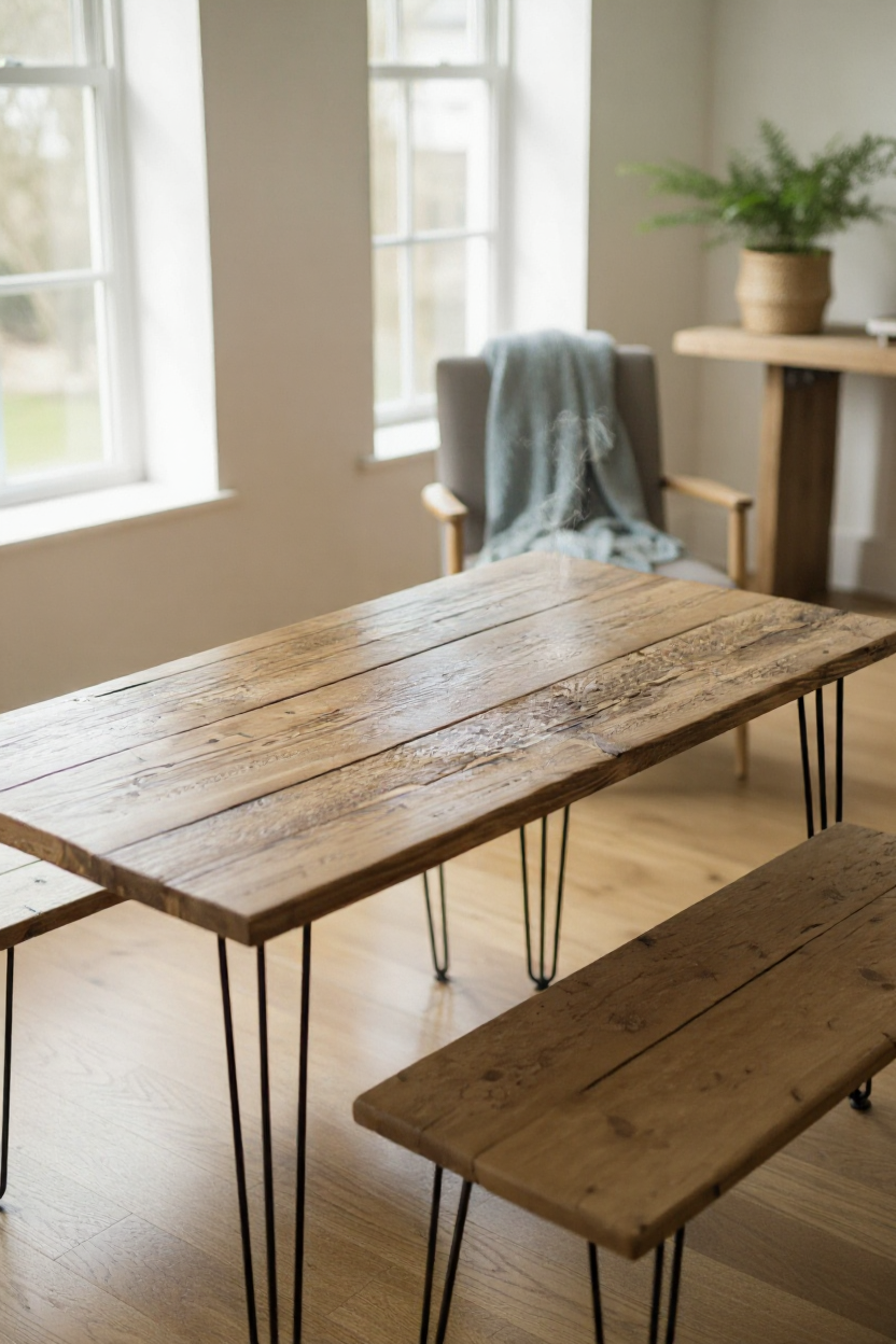 Reclaimed wood dining table set with benches, handmade to order UK