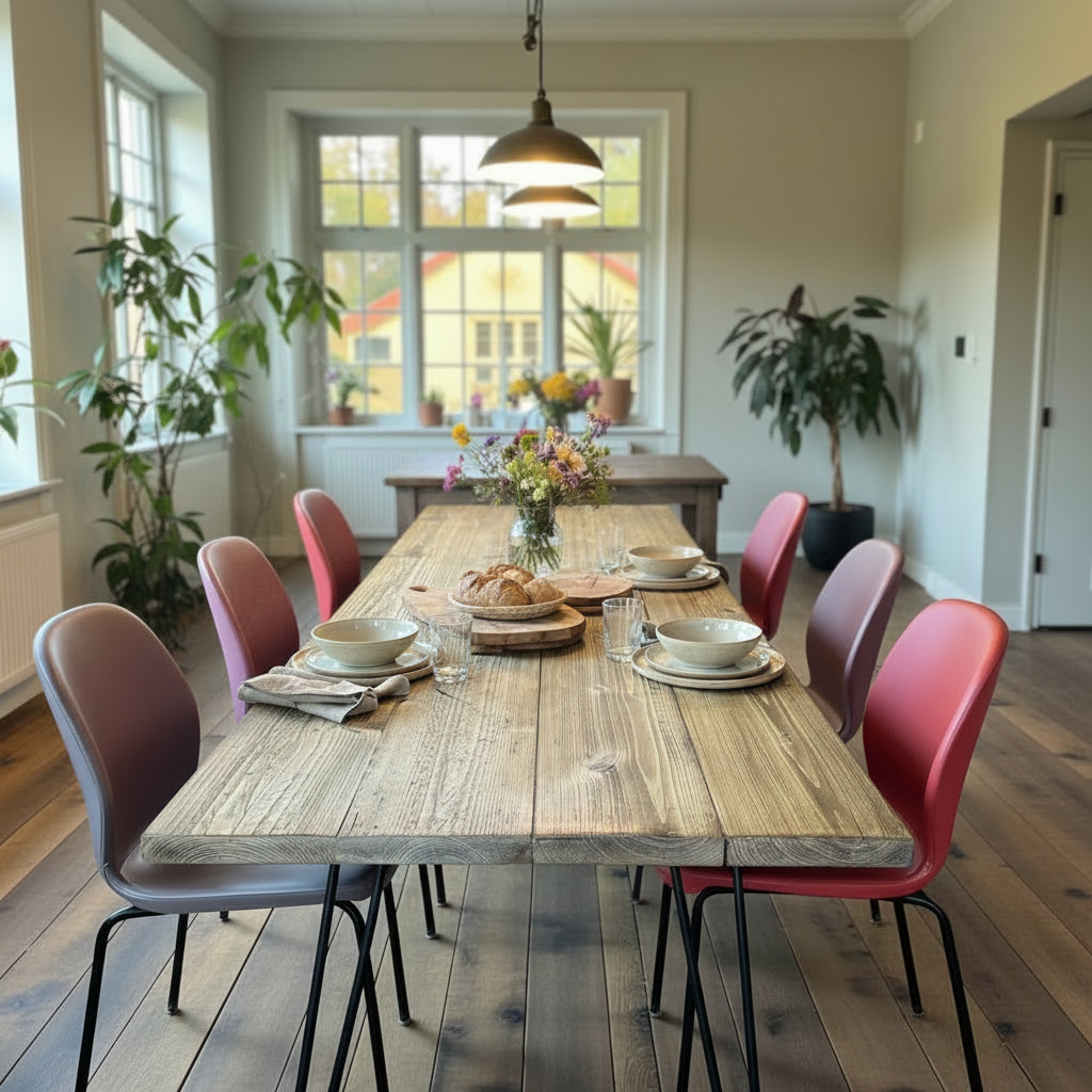 Reclaimed pine timber boards showing natural grain and character used in handmade tables