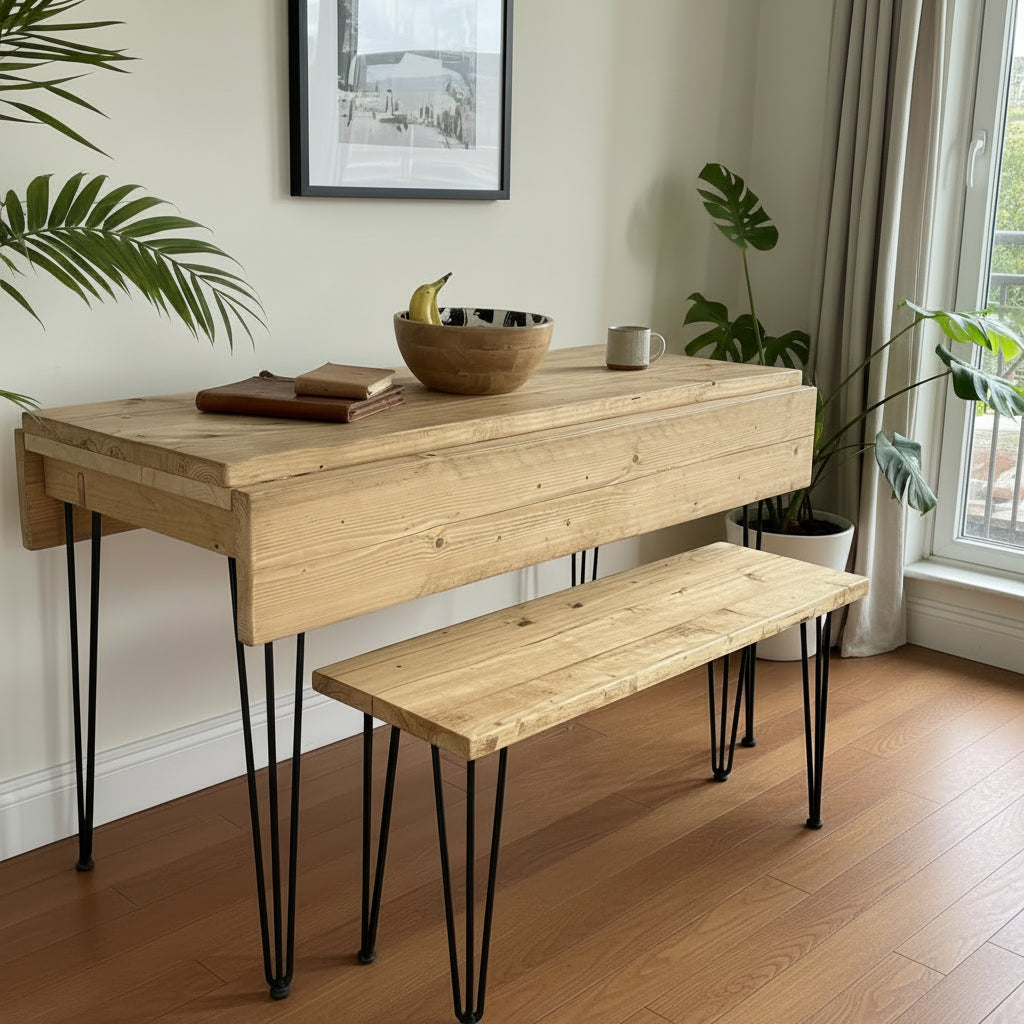 Reclaimed wood drop leaf dining table with hairpin legs – compact and extended