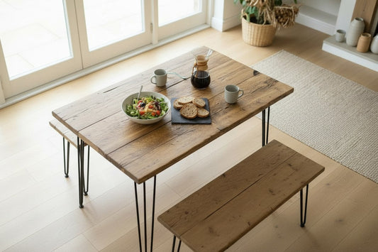 Reclaimed wood dining table with benches showing correct room clearance