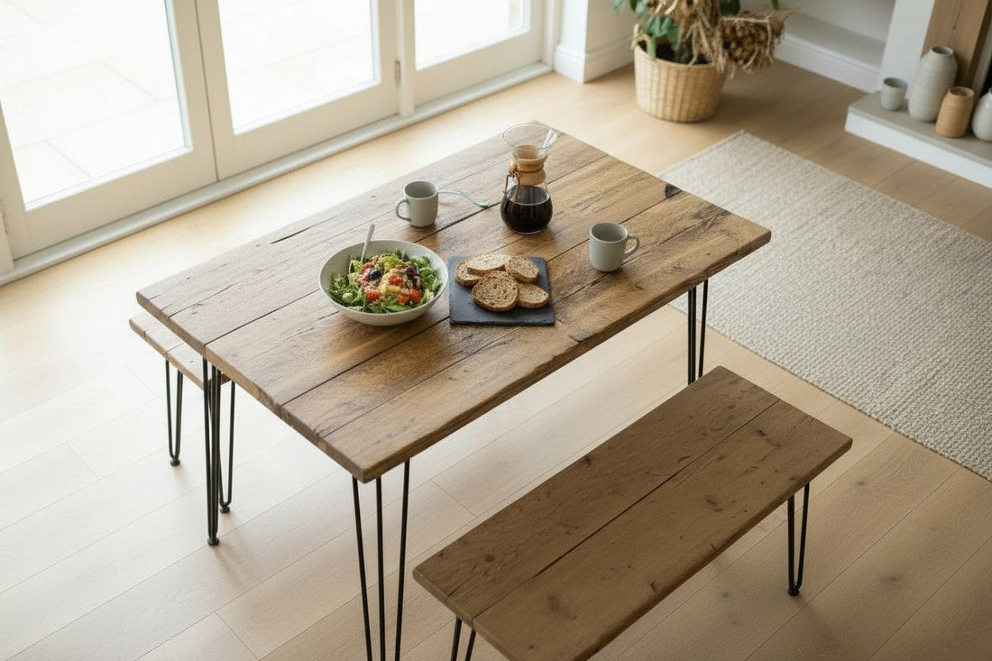 Handmade reclaimed wood dining table set with benches in a UK home