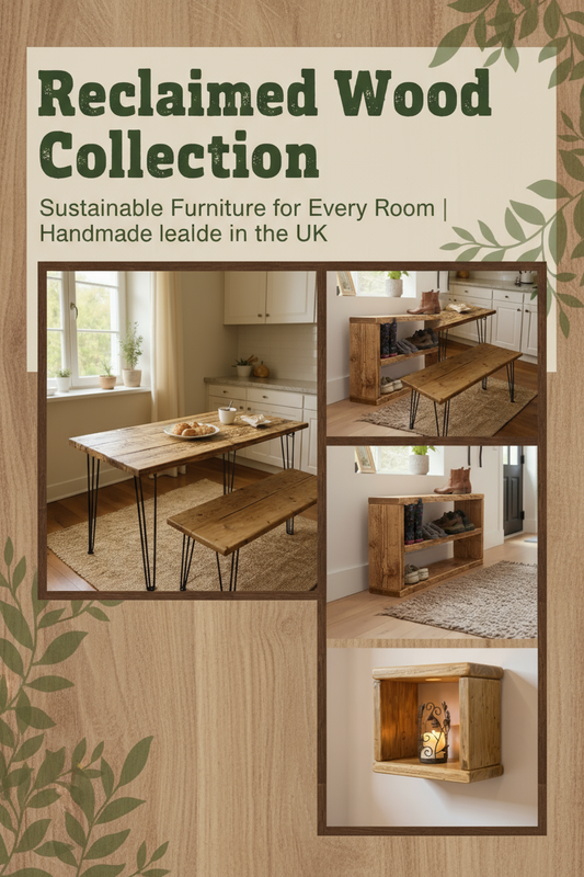 Reclaimed wood furniture collection in modern UK home interior