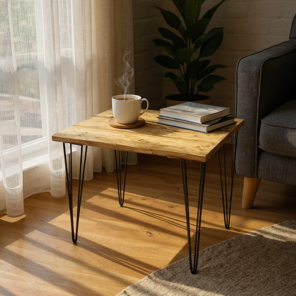 Rustic reclaimed wood coffee table with black hairpin legs in a UK living room