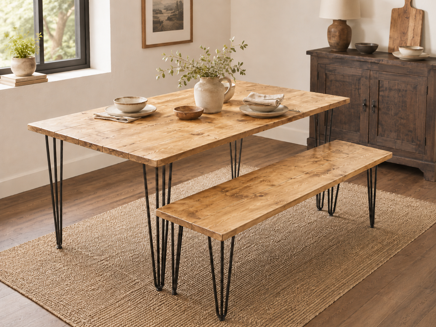 Table à manger en bois recyclé avec bancs – Fabriquée à la main pour cuisine et salle à manger