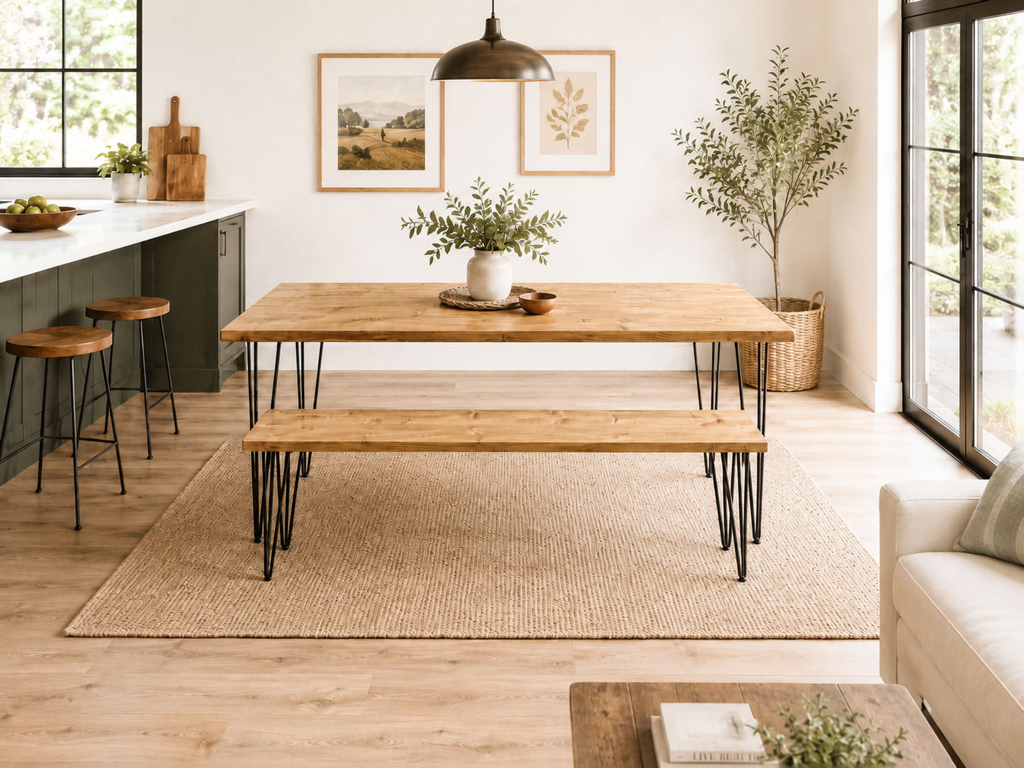 Table à manger en bois recyclé avec bancs – Fabriquée à la main pour cuisine et salle à manger