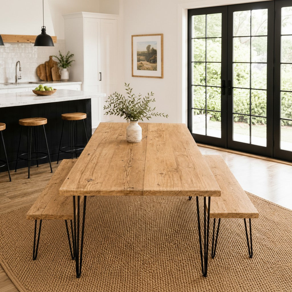Table à manger en bois recyclé avec bancs – Fabriquée à la main pour cuisine et salle à manger