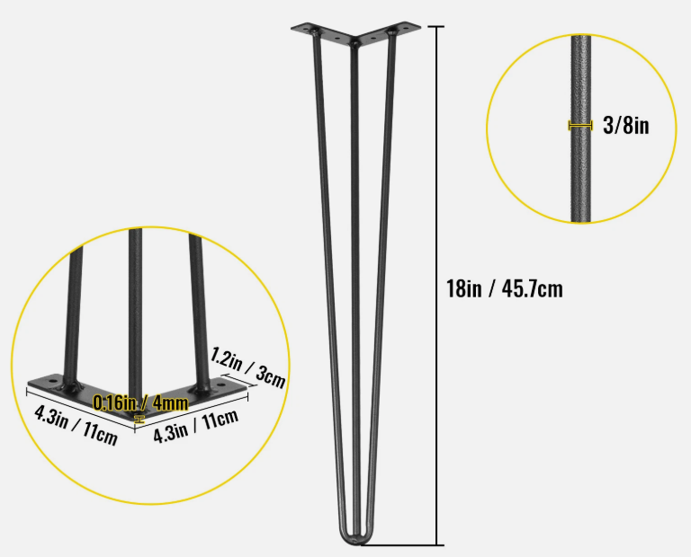 18"/46cm High Hairpin Table Legs – Solid Steel, Powder-Coated, Perfect for Benches & Coffee Tables