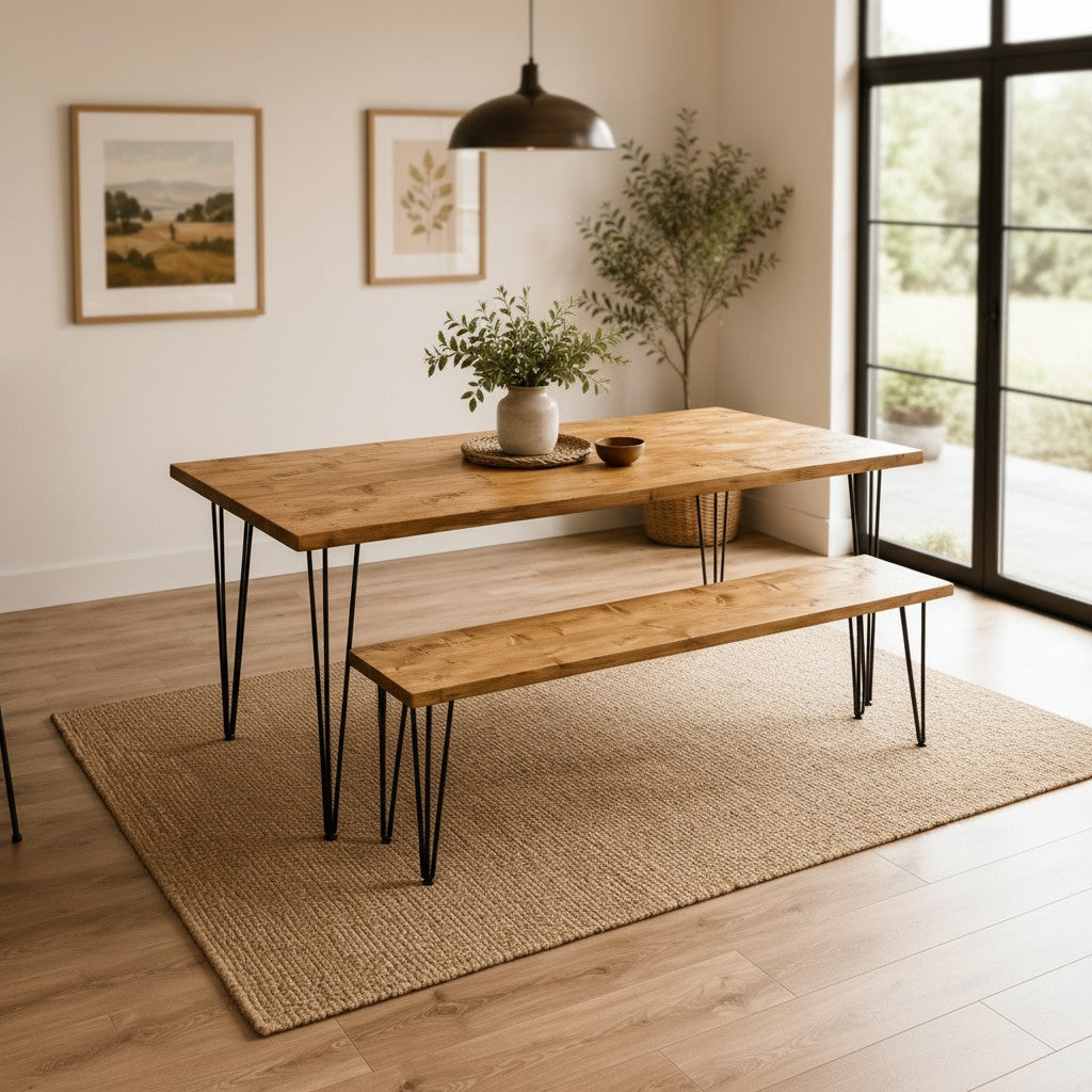 Table à manger en bois recyclé avec bancs – Fabriquée à la main pour cuisine et salle à manger