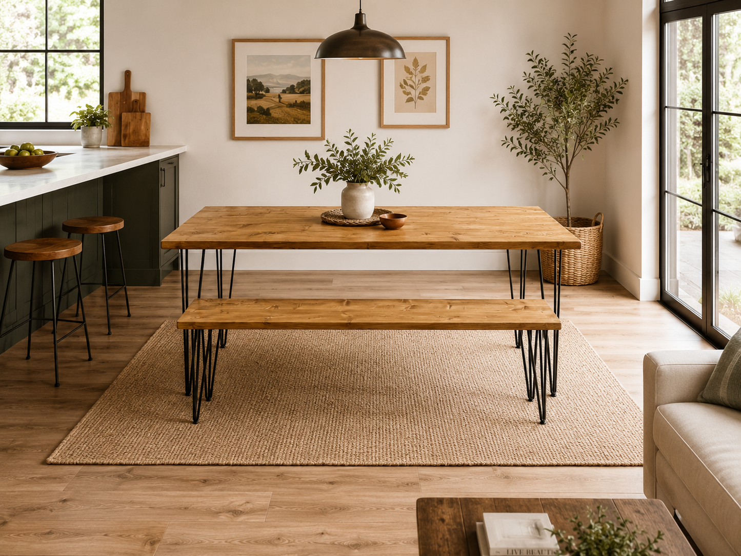 Table à manger en bois recyclé avec bancs – Fabriquée à la main pour cuisine et salle à manger
