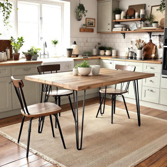 Modern kitchen with wooden dining table and chairs on a beige rug