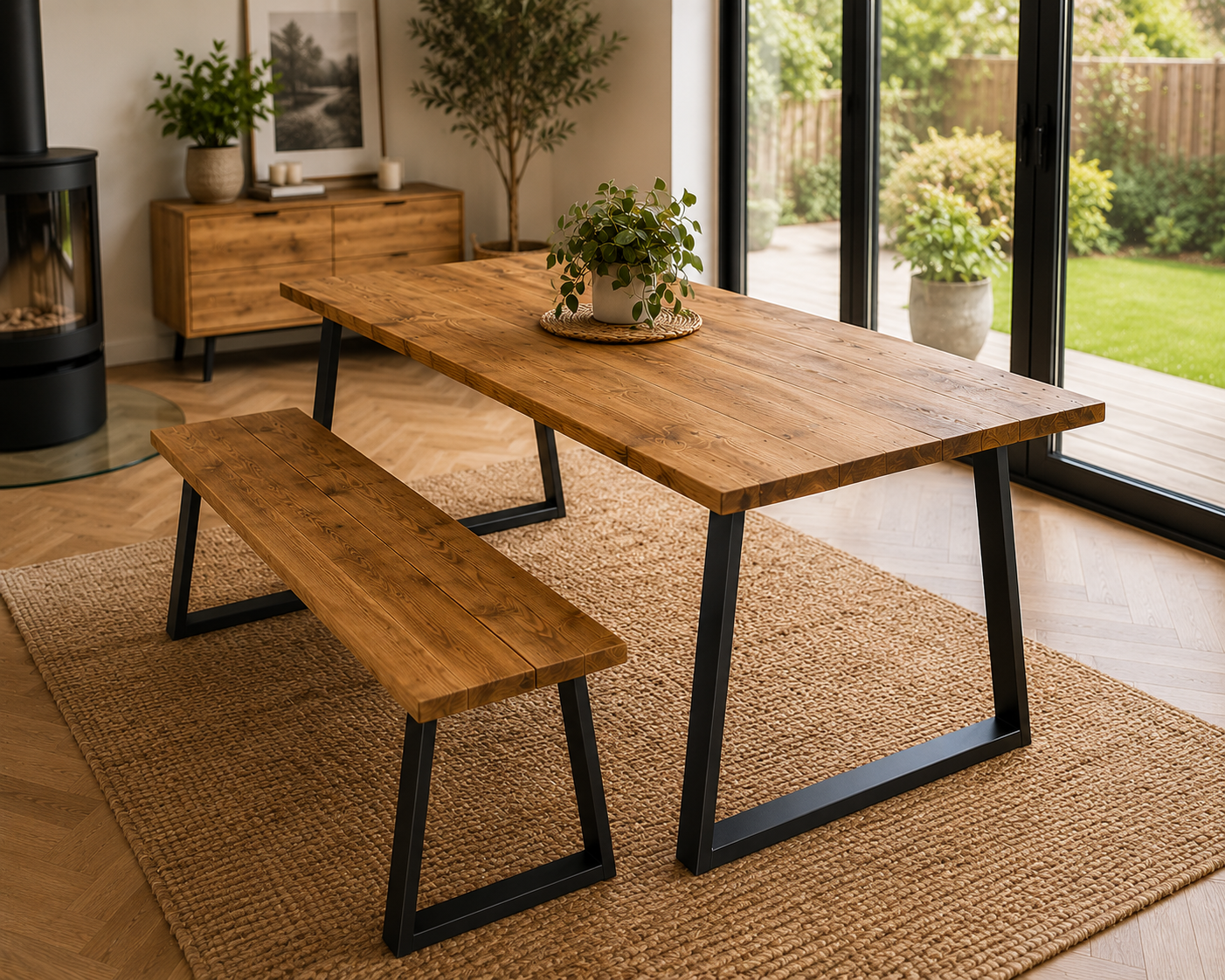 Table à manger en bois recyclé avec bancs – Fabriquée à la main pour cuisine et salle à manger