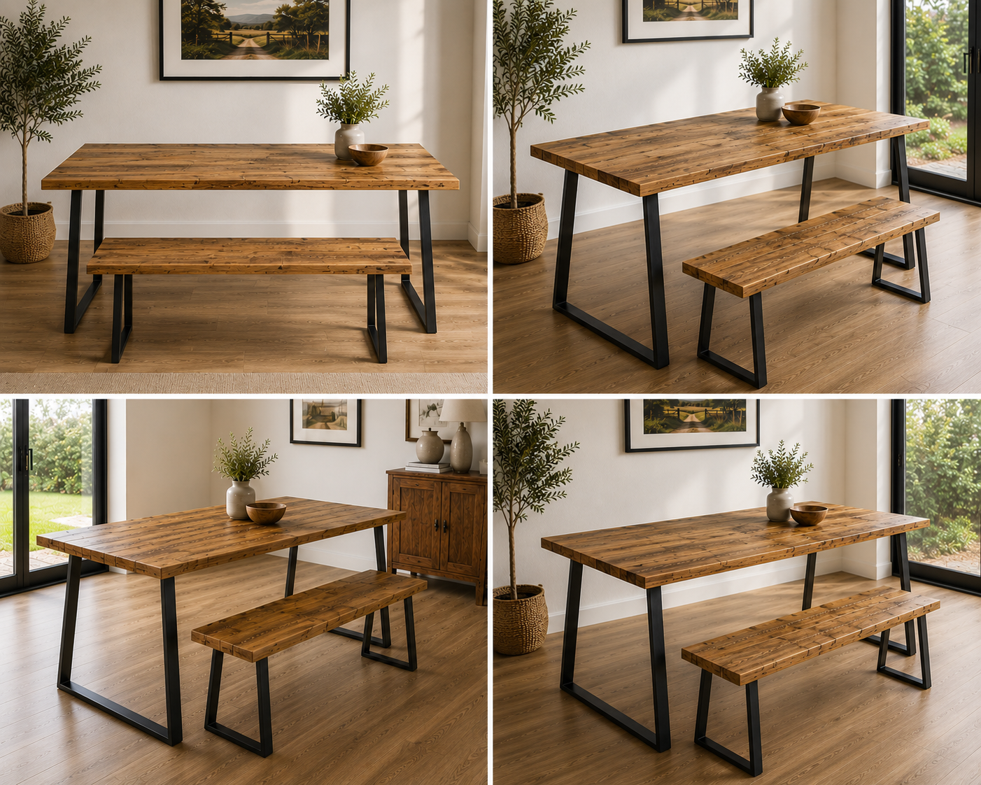 Table à manger en bois recyclé avec bancs – Fabriquée à la main pour cuisine et salle à manger