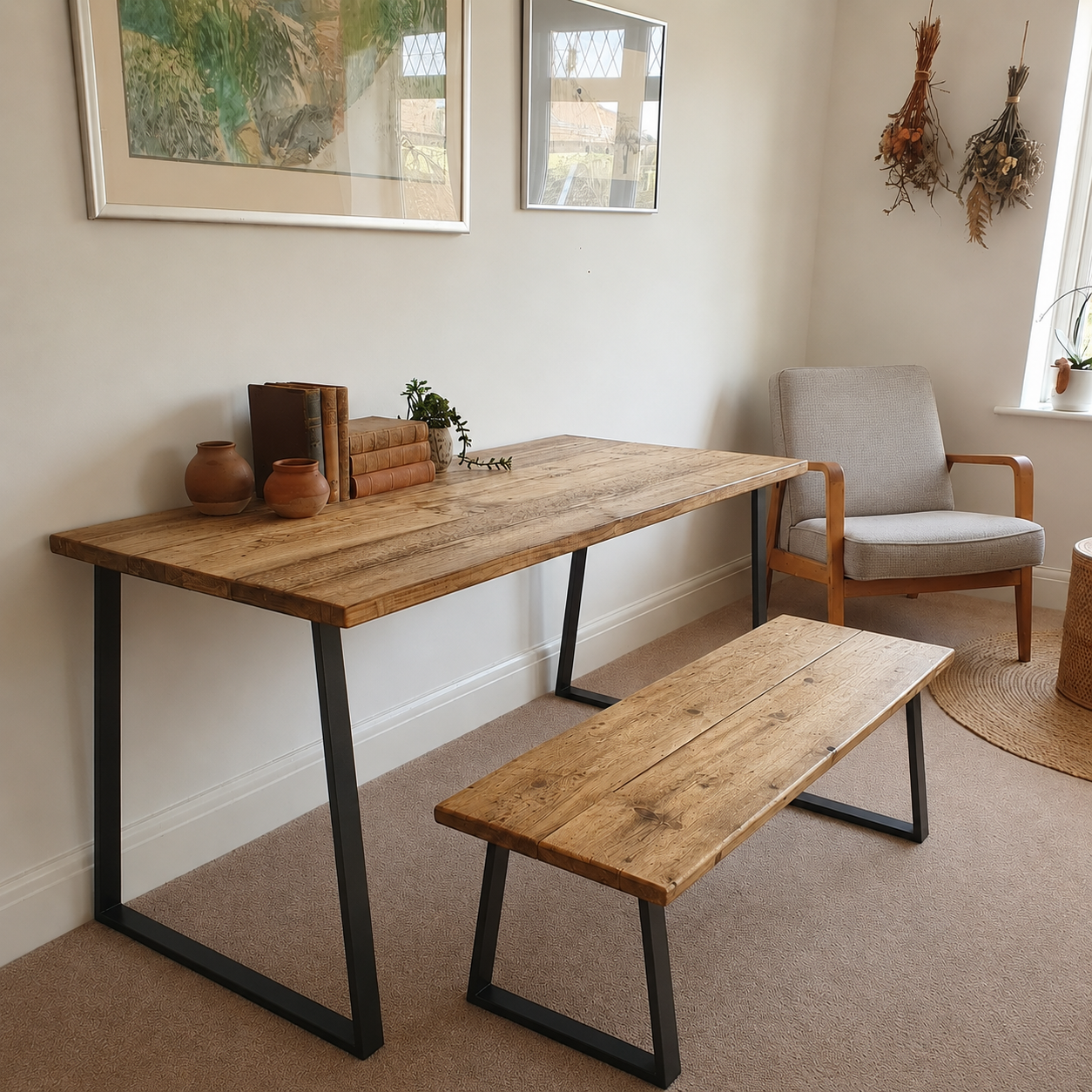 Table à manger en bois recyclé avec bancs – Fabriquée à la main pour cuisine et salle à manger