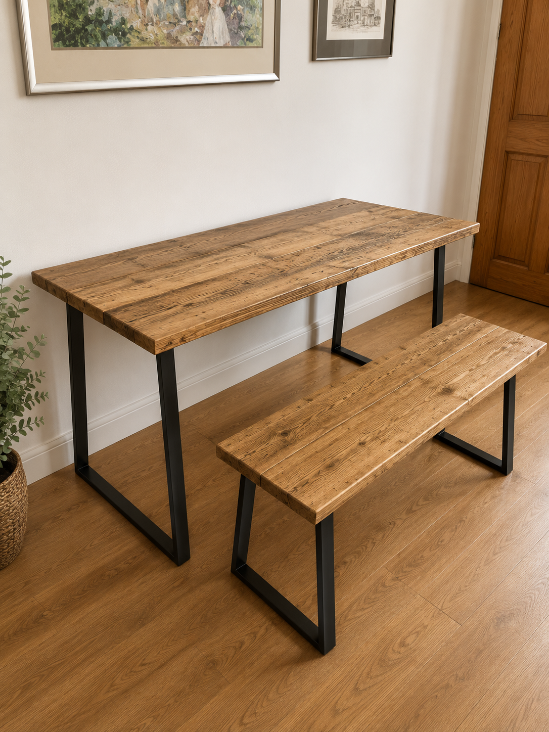 Table à manger en bois recyclé avec bancs – Fabriquée à la main pour cuisine et salle à manger