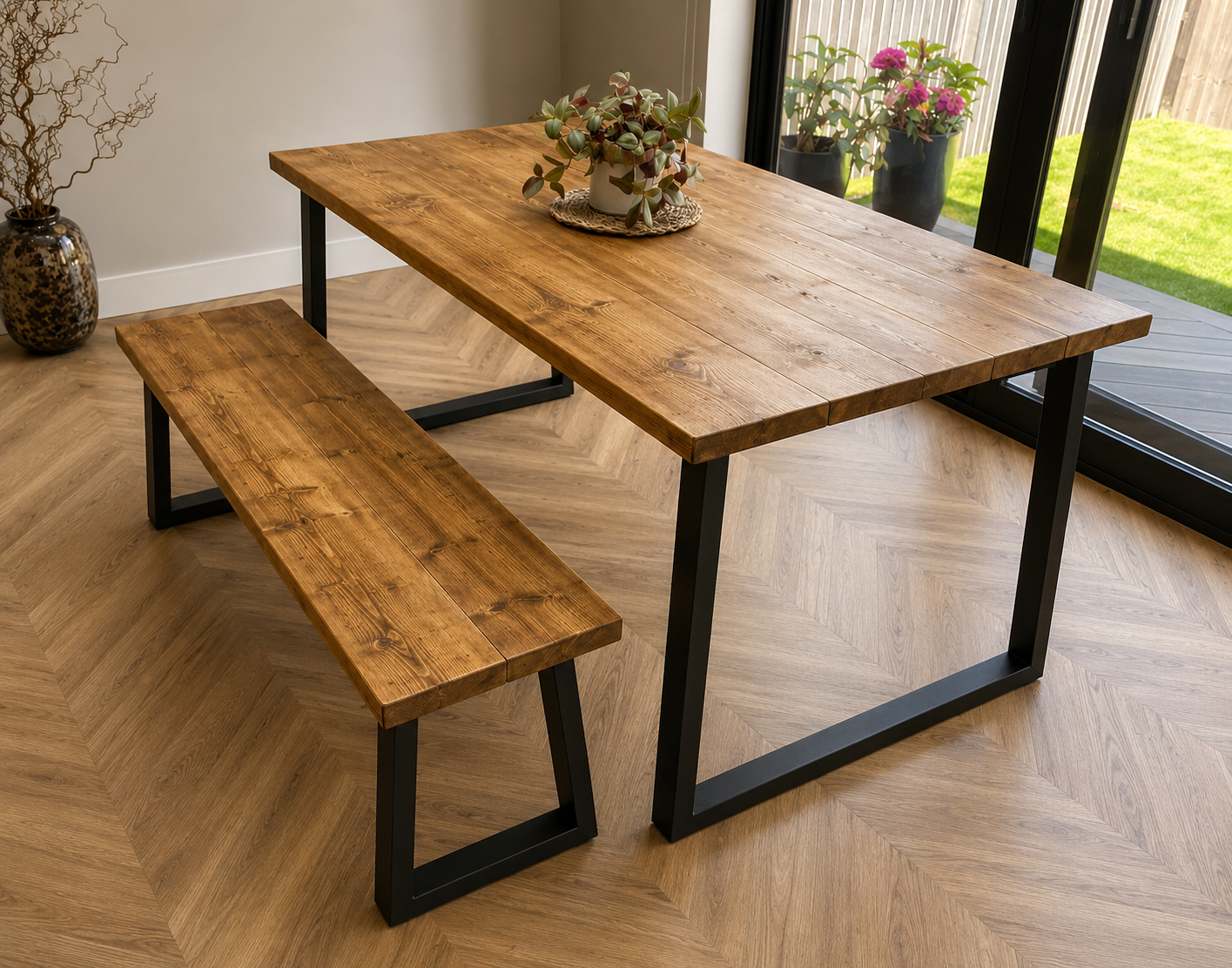 Table à manger en bois recyclé avec bancs – Fabriquée à la main pour cuisine et salle à manger